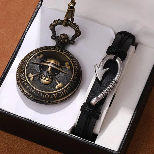 Vintage Retro Pirate Quartz Pocket Watch with Necklace Chain Pendant Bracelet